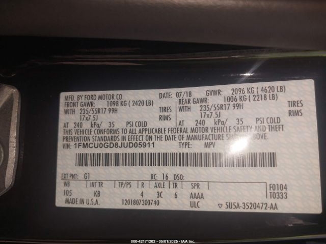 1FMCU0GD8JUD05911 Ford ESCAPE SE