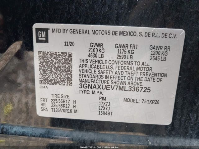3GNAXUEV7ML336725 Chevrolet Equinox Awd Lt
