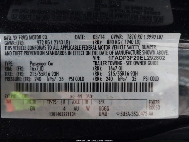 1FADP3F29EL292802 Ford FOCUS SE