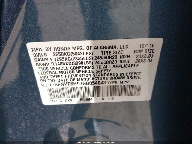 5FNYF6H97GB054043 Honda Pilot Touring