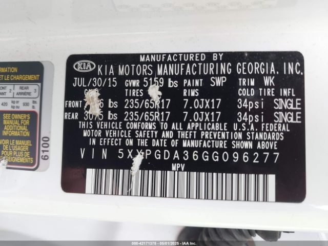 5XYPGDA36GG096277 KIA Sorento 2.4l Lx