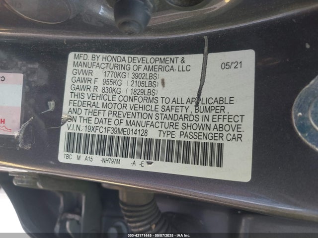 Honda CIVIC EX 2021 19XFC1F39ME014128 Image 9