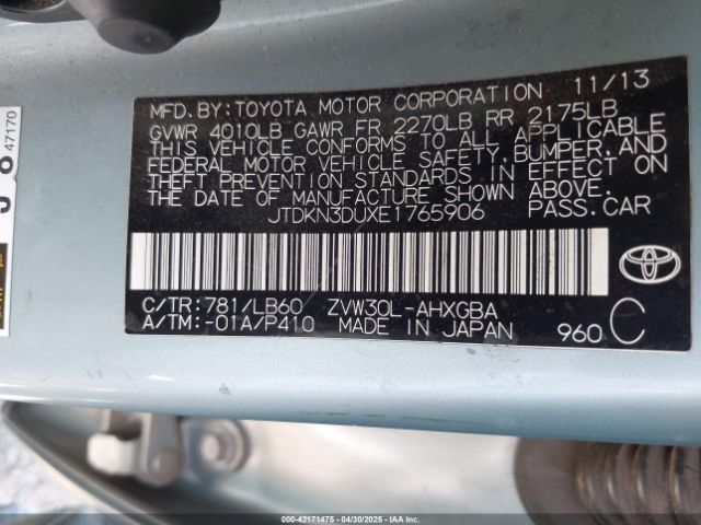 JTDKN3DUXE1765906 Toyota Prius Four