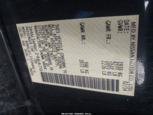 1N4AL3AP6EC296470 Nissan Altima 2.5 Sv
