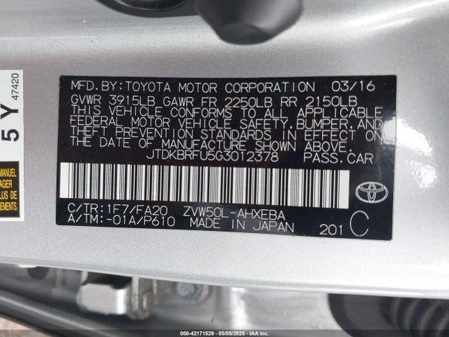 JTDKBRFU5G3012378 Toyota Prius Two