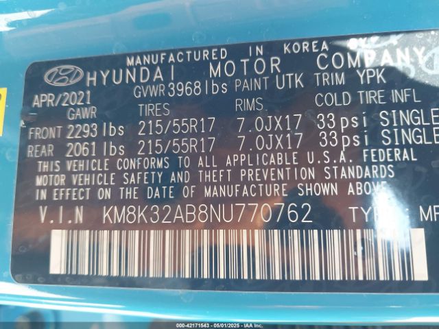 2022 HYUNDAI KONA KM8K32AB8NU770762 Photo 8