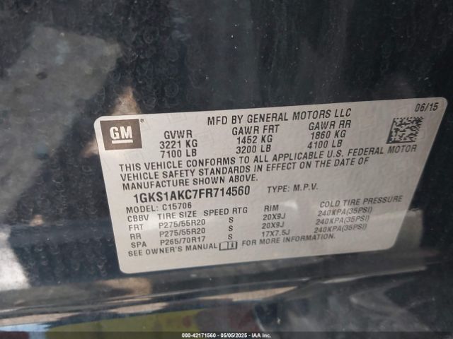 1GKS1AKC7FR714560 GMC YUKON SLE
