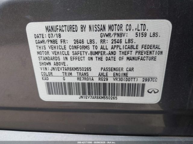JN1EV7AR6KM550265 Infiniti Q50 3.0t Luxe