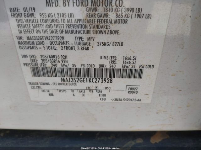 MAJ3S2GE1KC273928 Ford Ecosport Se
