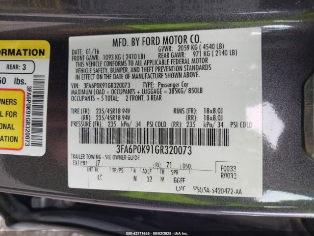 2016 FORD FUSION 3FA6P0K91GR320073 Photo 8