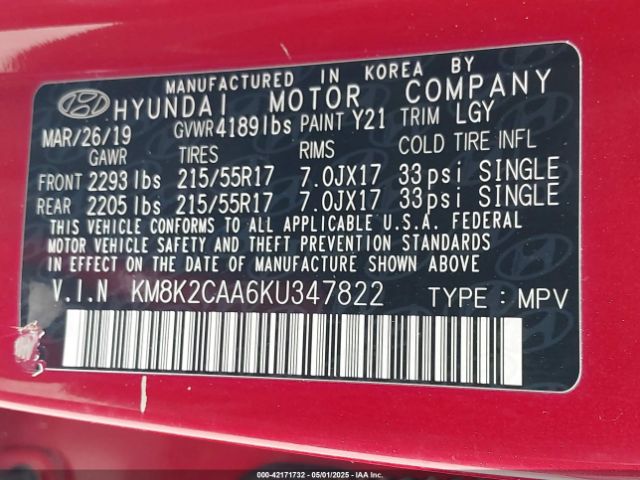 KM8K2CAA6KU347822 Hyundai Kona Sel