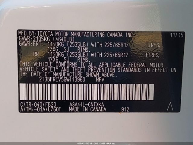 2T3BFREV5GW413960 Toyota RAV4 LE