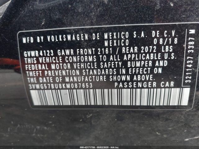 3VWG57BU8KM087653 Volkswagen Jetta 1.4t Sel Premium