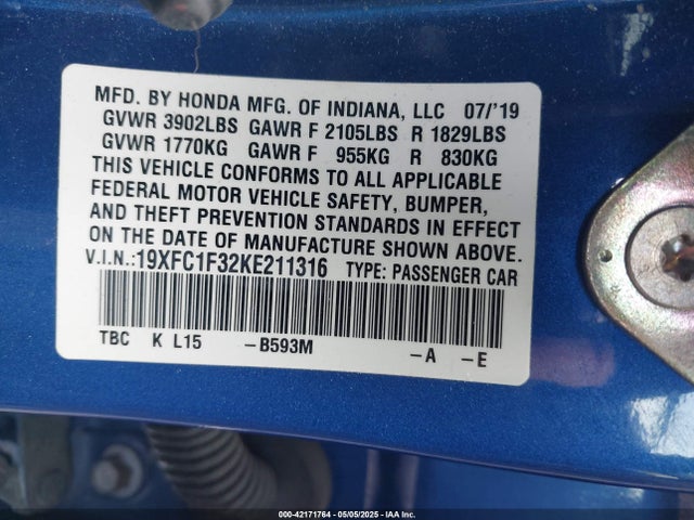 Honda CIVIC EX 2019 19XFC1F32KE211316 Image 9