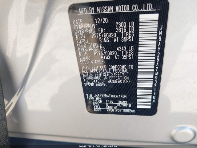 Nissan Armada Sl 2wd 2021 JN8AY2BA7M9371404 Image 9