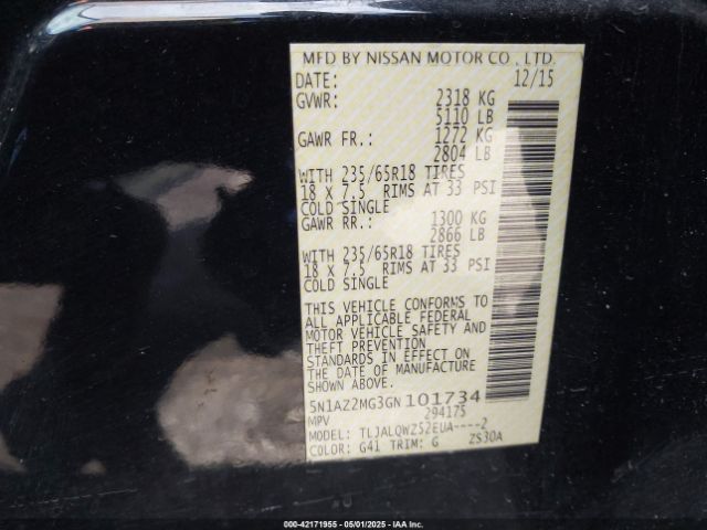 5N1AZ2MG3GN101734 Nissan Murano Platinum/s/sl/sv