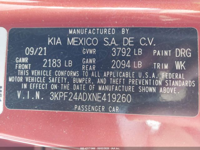 3KPF24ADXNE419260 KIA Forte Lxs