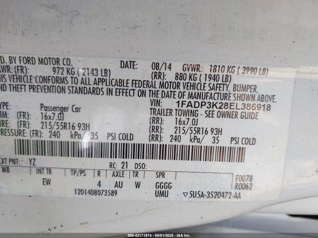 1FADP3K28EL386918 Ford FOCUS SE