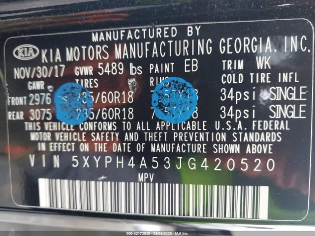 5XYPH4A53JG420520 KIA Sorento 3.3l Ex