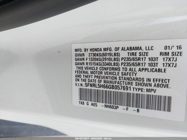 5FNRL5H66GB057691 Honda Odyssey Ex-l