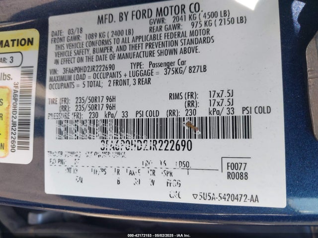 3FA6P0HD2JR222690 Ford FUSION SE