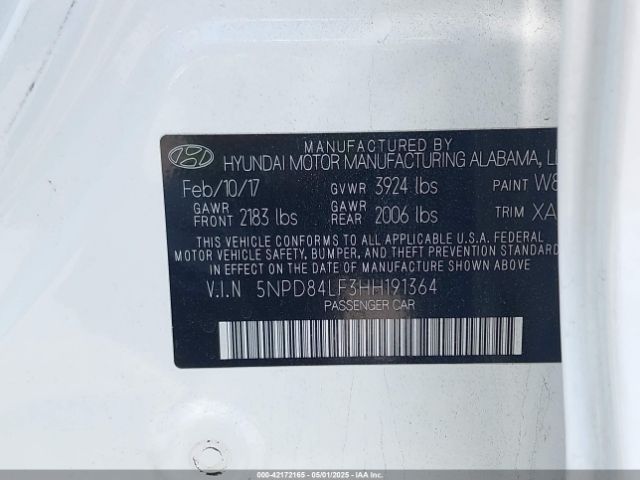 5NPD84LF3HH191364 Hyundai 2017
