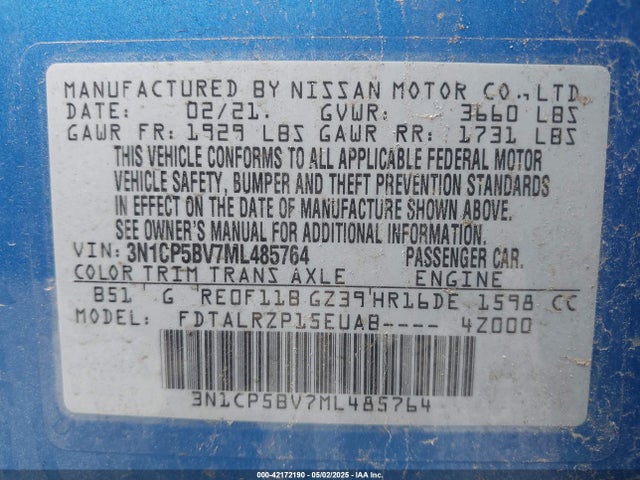 3N1CP5BV7ML485764 Nissan 2021