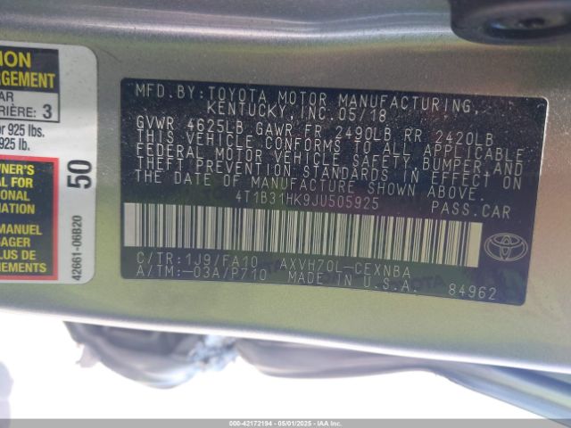 4T1B31HK9JU505925 Toyota Camry Hybrid Le