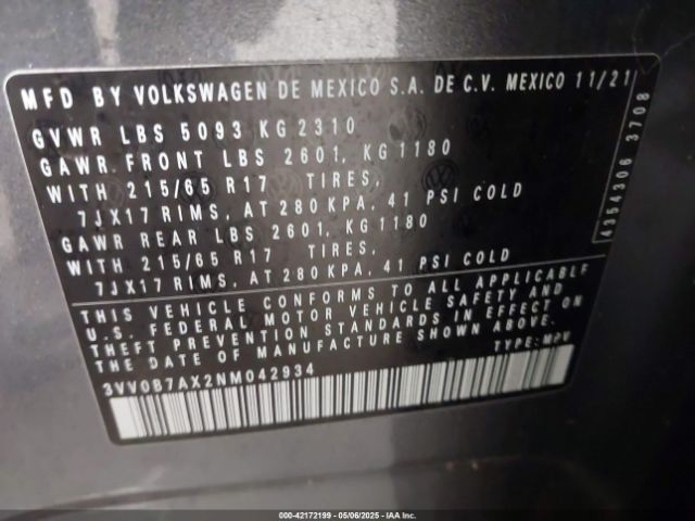 3VV0B7AX2NM042934 Volkswagen Tiguan 2.0t S