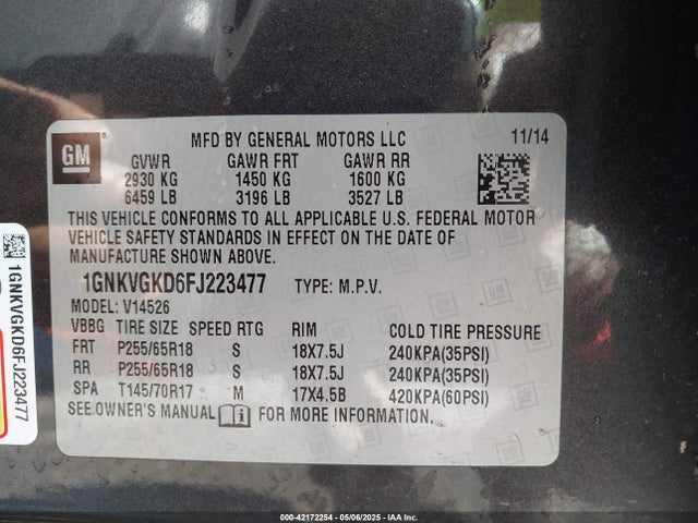 1GNKVGKD6FJ223477 Chevrolet Traverse 1lt
