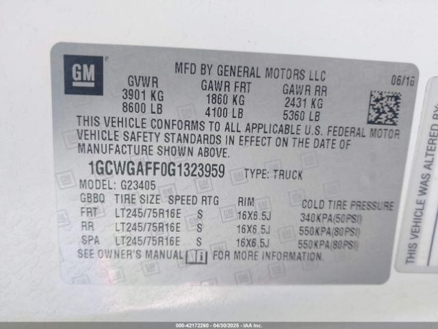 1GCWGAFF0G1323959 Chevrolet Express 2500 Work Van