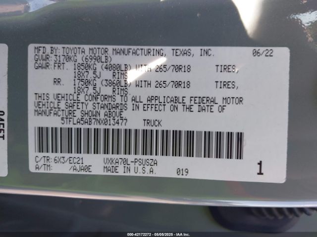5TFLA5AB7NX013477 Toyota Tundra Sr5