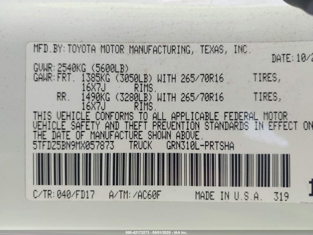 5TFDZ5BN9MX057873 Toyota Tacoma Trd Off-road
