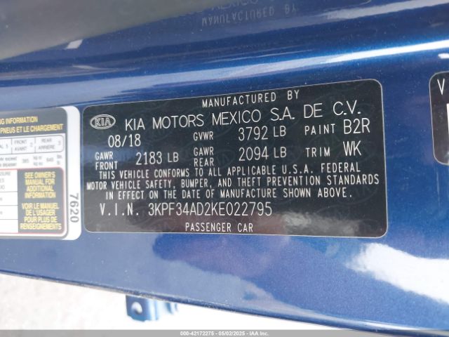3KPF34AD2KE022795 KIA FORTE S