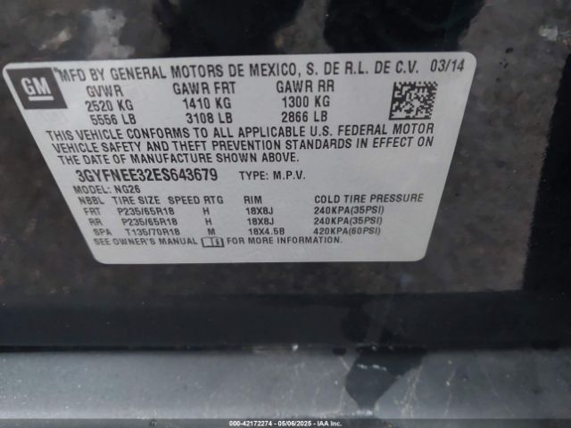 3GYFNEE32ES643679 Cadillac Srx Luxury Collection