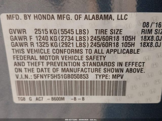5FNYF5H51GB050853 Honda Pilot Ex-l