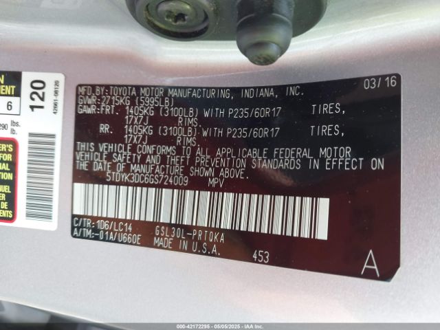 5TDYK3DC6GS724009 Toyota Sienna Xle 8 Passenger