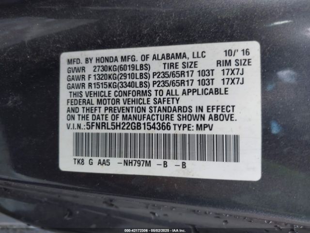 5FNRL5H22GB154366 Honda ODYSSEY LX