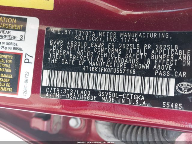 2015 TOYOTA CAMRY 4T1BK1FK0FU557148 Photo 8