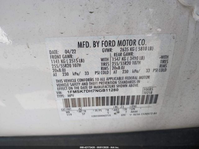1FMSK7DH7NGB11280 Ford EXPLORER XLT