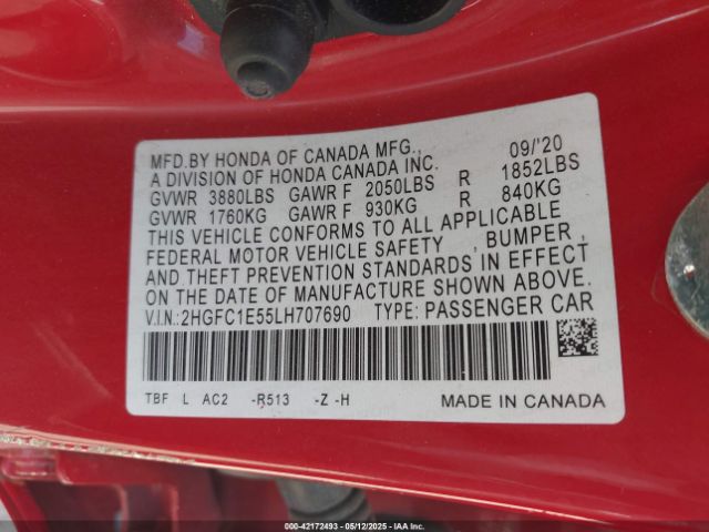 2HGFC1E55LH707690 Honda CIVIC SI SEDAN