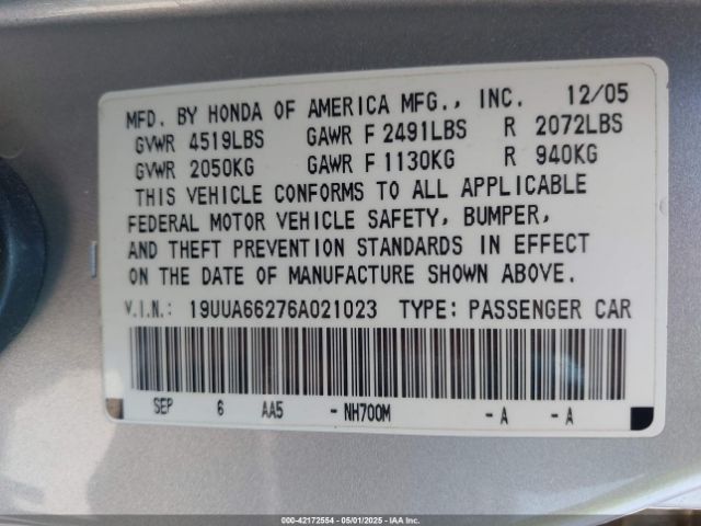 2006 ACURA TL 19UUA66276A021023 Photo 8