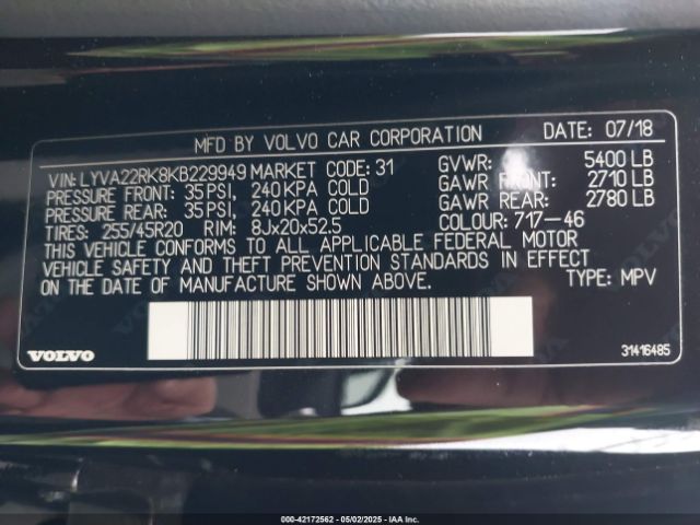 LYVA22RK8KB229949 Volvo Xc60 T6 Momentum