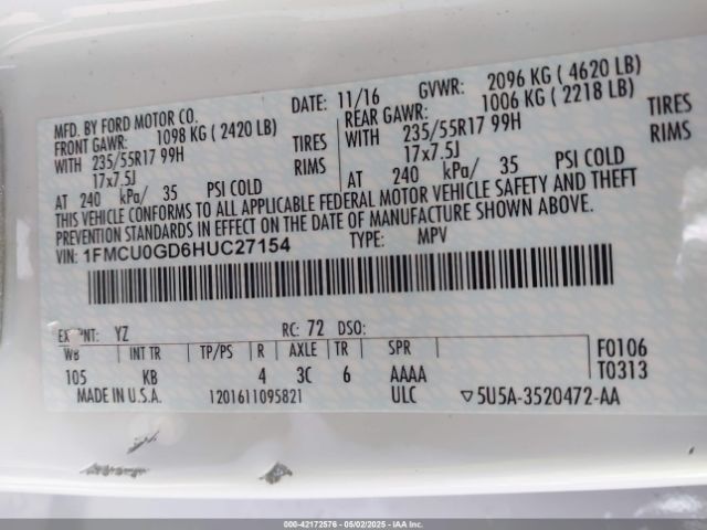 1FMCU0GD6HUC27154 Ford ESCAPE SE