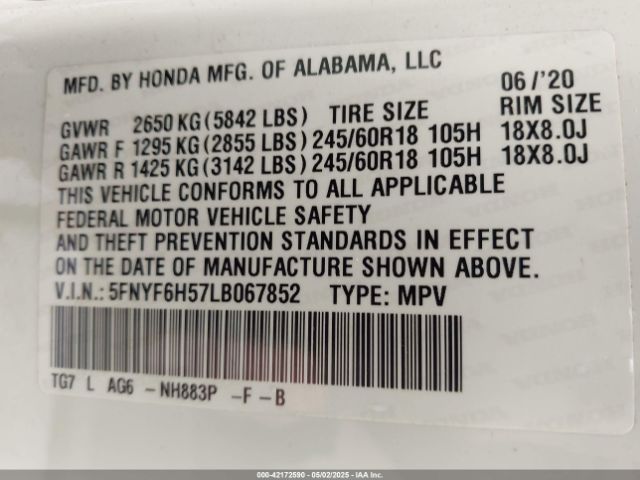5FNYF6H57LB067852 Honda Pilot Awd Ex-l