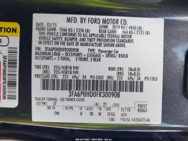 3FA6P0HD0FR300908 Ford FUSION SE