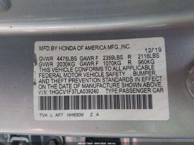 1HGCV1F37LA039240 Honda Accord Sport