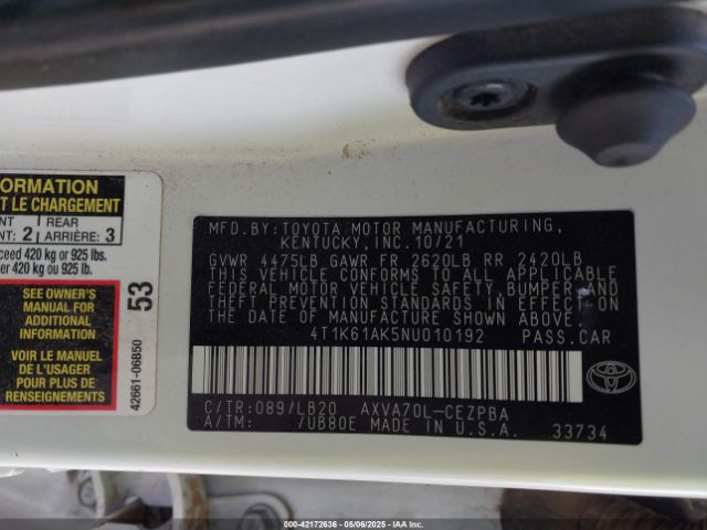 2022 TOYOTA CAMRY 4T1K61AK5NU010192 Photo 8