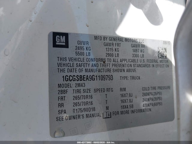 1GCGSBEA9G1109793 Chevrolet lcv - sidi; dcvcp; vvt; e85 max, e0-e100, alum