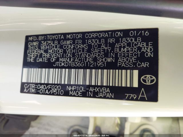 JTDKDTB36G1121951 Toyota Prius C Two